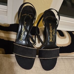 Yves Saint Laurent Black Heeled Sandals with Pearl Accents